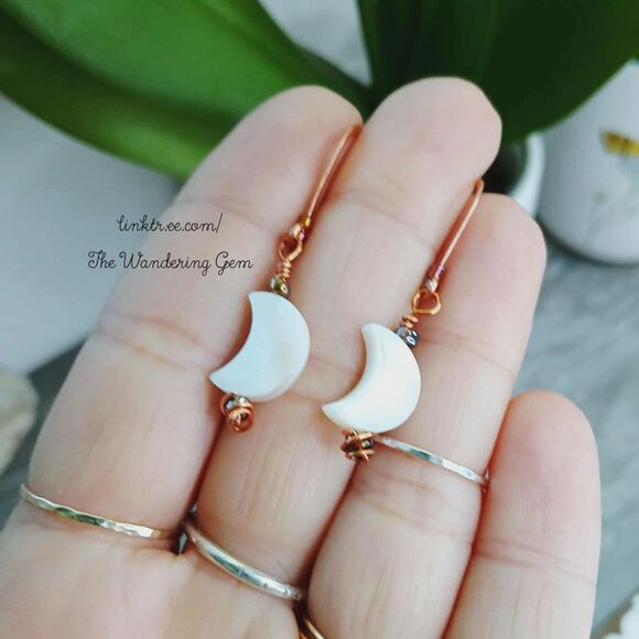 Crescent Moon Beaded Dangle Earrings, Hammered Copper Jewelry, 2" - Picture 4 of 5